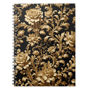 Caderno Espiral Elegância desvelada: Preto e Dourado Floral