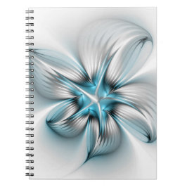 Caderno Espiral Elegância Floral Arte Fractal Azul Abstrata Modern