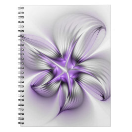 Caderno Espiral Elegância Floral Arte Fractal Violeta Abstrata Mod