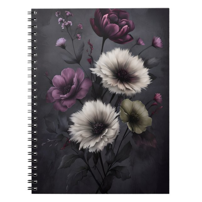 Caderno Espiral Elegância Floral Escura - Poster de Arte Botânica  (Frente)
