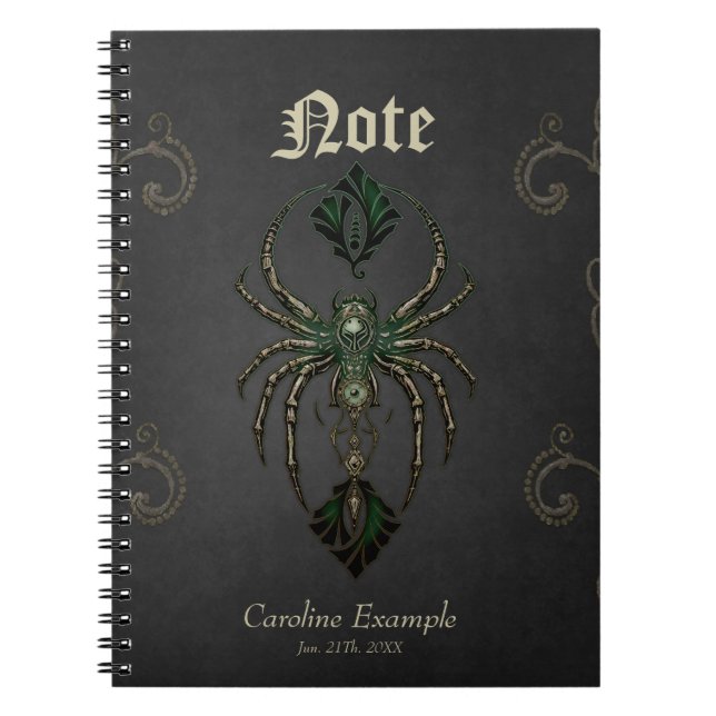 Caderno Espiral elegância mecânica, a aranha no escuro. (Frente)