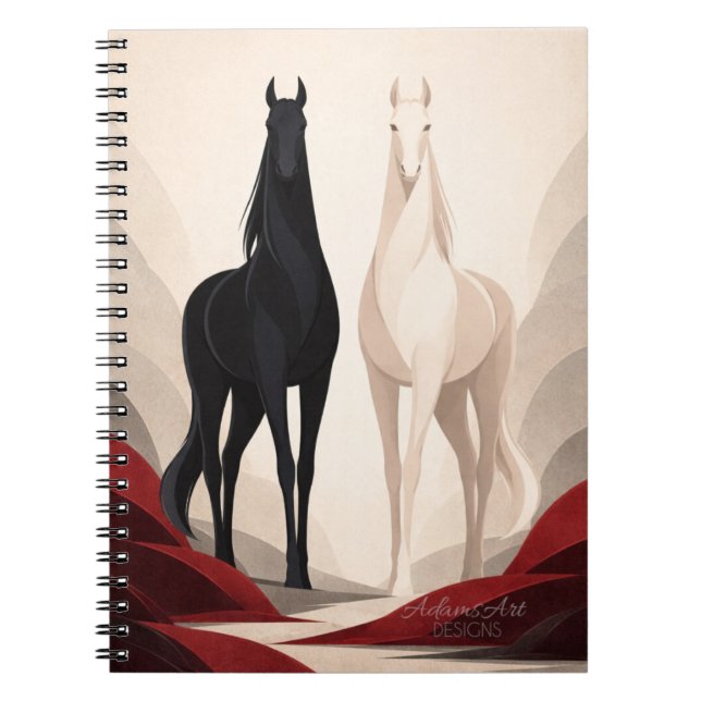 Caderno Espiral Elegant Black and White Horses Minimalist Art (Frente)