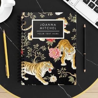 Caderno Espiral Elegant Black Chinoiserie Tiger and Peony Pattern