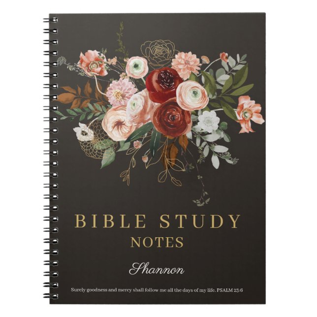 Caderno Espiral Elegant Black Rose Gold Floral Custom Bible Study (Frente)