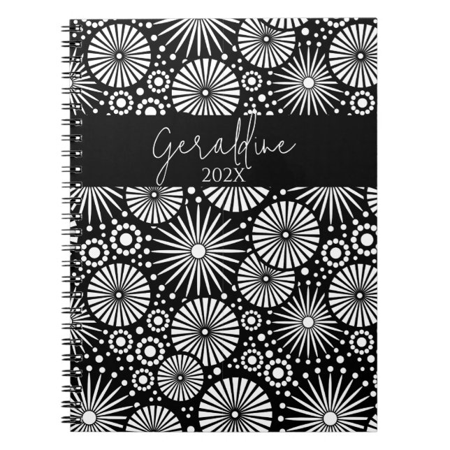 Caderno Espiral Elegant Black White Geometric Starburst Name  (Frente)