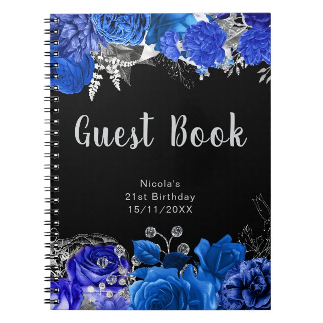 Caderno Espiral Elegant Blue and Silver Flower Birthday Guest Book (Frente)