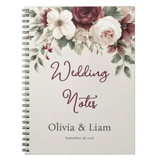 Caderno Espiral Elegant Burgundy Floral Personalized Wedding Plann