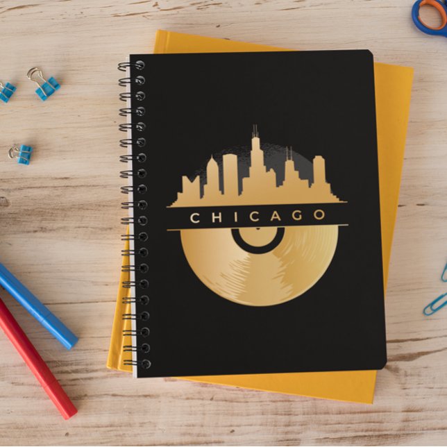 Caderno Espiral Elegant Chicago Illinois Skyline Vinyl (chicago skyline golden vinyl notebook)