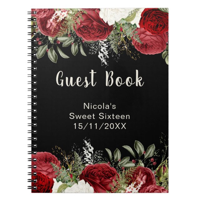 Caderno Espiral Elegant Christmas Red Flowers Sweet Sixteen Guest  (Frente)