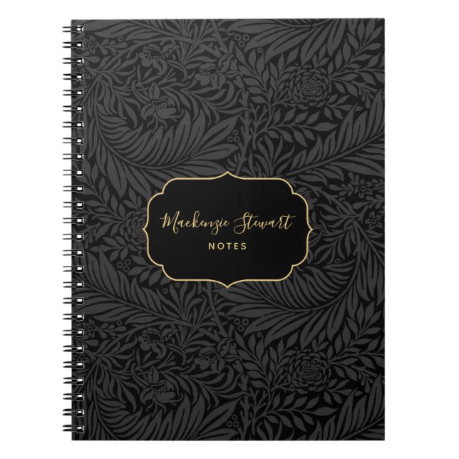 Caderno Espiral Elegant Custom Name Black Floral Pattern (Frente)