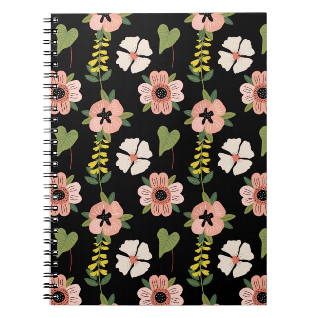 Caderno Espiral Elegant Floral Pattern on Black | Chic Botanical  (Frente)