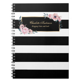 Caderno Espiral Elegant Girly Black White Stripes Pink Floral