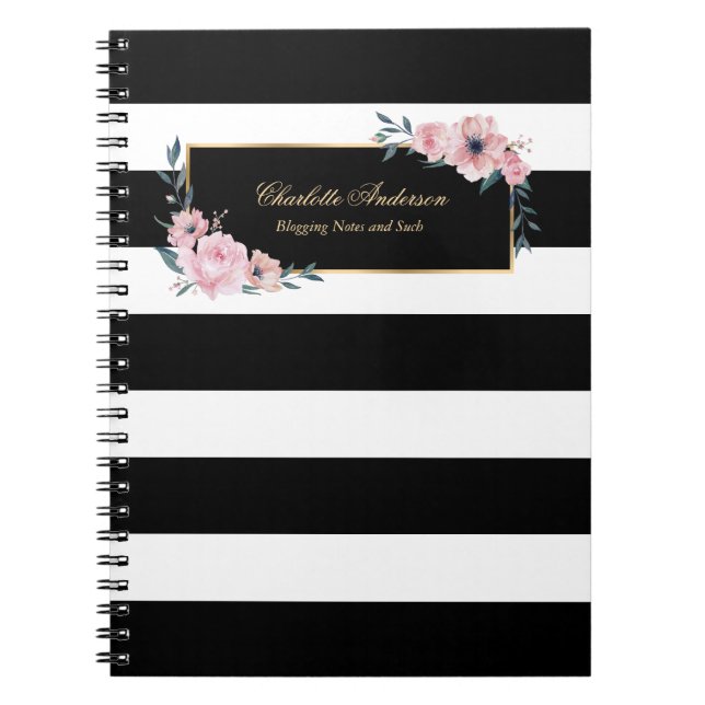 Caderno Espiral Elegant Girly Black White Stripes Pink Floral (Frente)