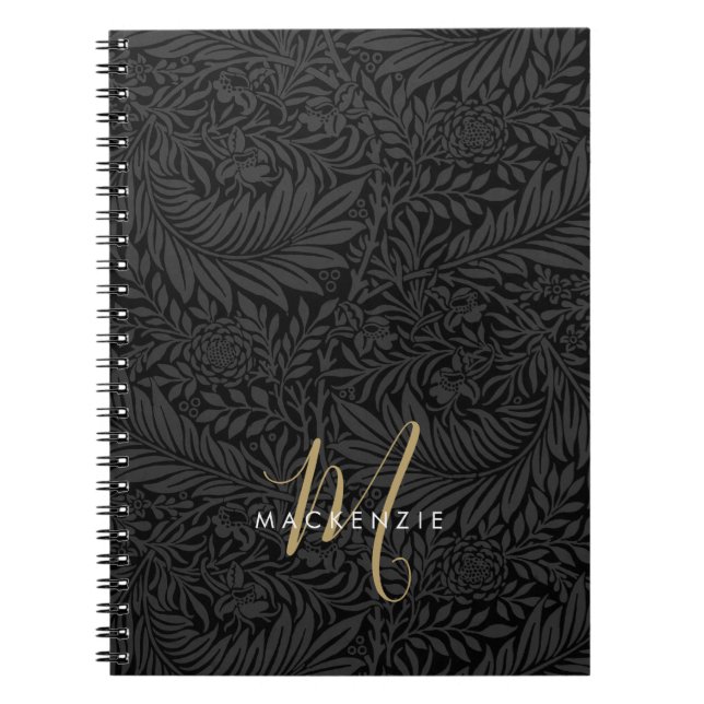 Caderno Espiral Elegant Gold Monogram Black Floral Pattern (Frente)
