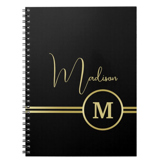 Caderno Espiral Elegant Gold Signature Monogram on Black (Frente)