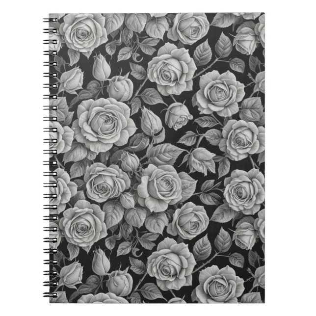 Caderno Espiral Elegant Gray Roses on Black Journal – Moody Floral (Frente)