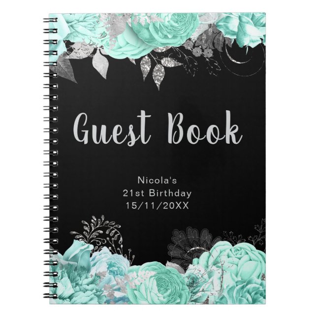 Caderno Espiral Elegant Green and Silver Flower Guest Book (Frente)