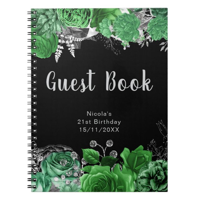 Caderno Espiral Elegant Green and Silver Flowers Guest Book (Frente)
