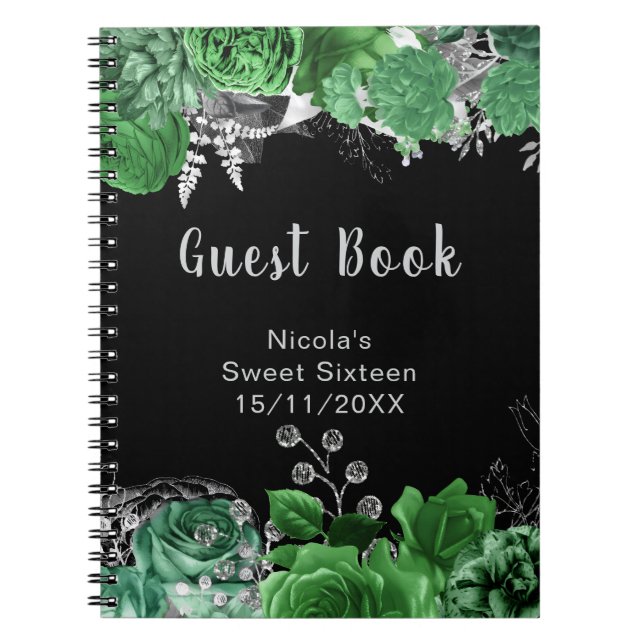 Caderno Espiral Elegant Green and Silver Flowers Sweet Sixteen  (Frente)
