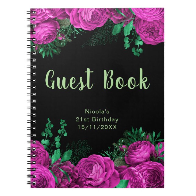 Caderno Espiral Elegant Hot Pink Flowers Birthday Party Guest Book (Frente)
