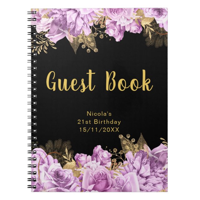 Caderno Espiral Elegant Lilac and Gold Flowers Birthday Guest Book (Frente)