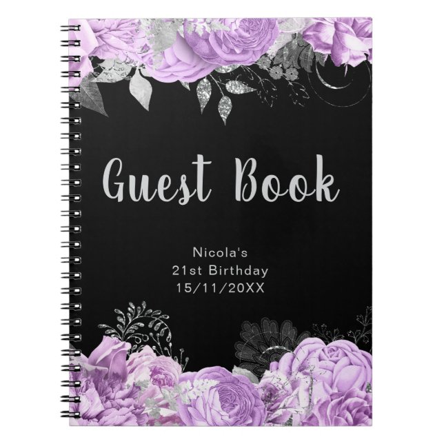 Caderno Espiral Elegant Lilac and Silver Flowers Guest Book (Frente)