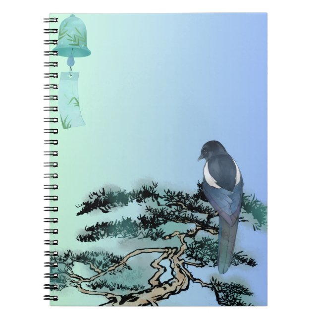 Caderno Espiral Elegant Magpie Bird & Japanese Bonsai Drawstring B (Frente)
