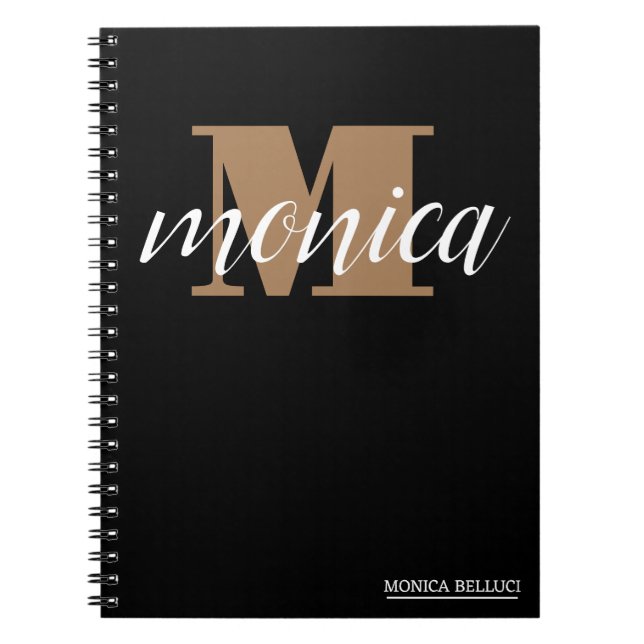 Caderno Espiral Elegant Monogram Black Gold Script minimal (Frente)