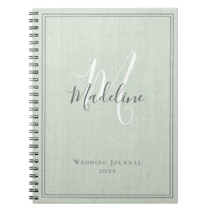 Caderno Espiral Elegant Monogram Rustic Sage Green Linen Journal