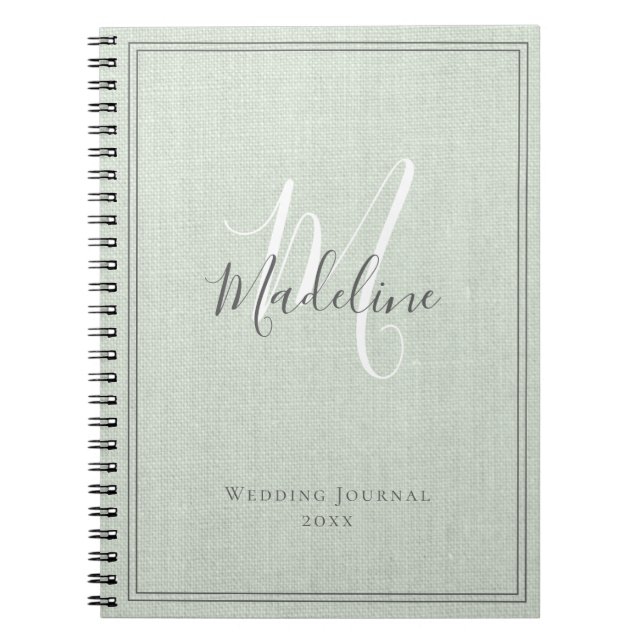 Caderno Espiral Elegant Monogram Rustic Sage Green Linen Journal (Frente)