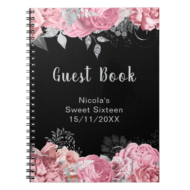 Caderno Espiral Elegant Pink and Silver Flowers Sweet Sixteen (Frente)