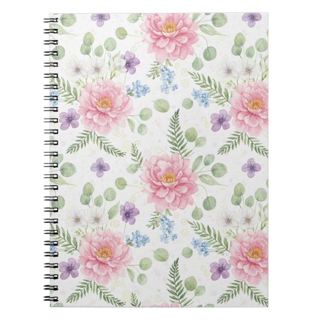Caderno Espiral Elegant Pink Peony & Lavender Watercolor Floral (Frente)