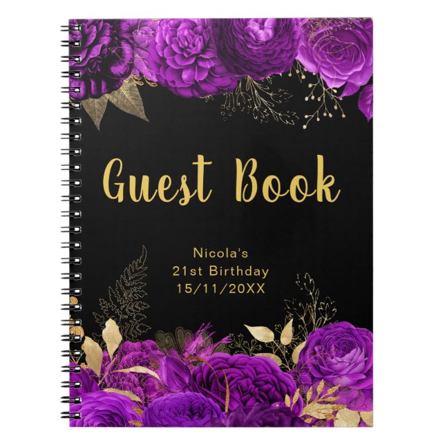 Caderno Espiral Elegant Purple and Gold Flower Birthday Guest Book (Frente)
