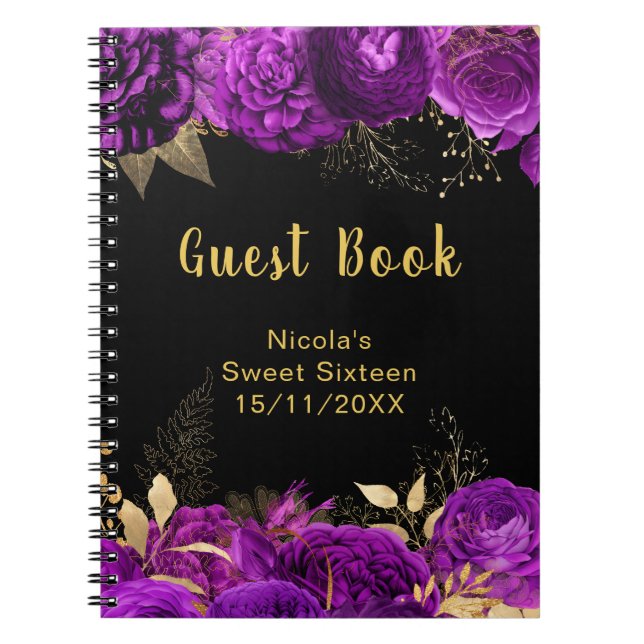 Caderno Espiral Elegant Purple and Gold Flowers Sweet Sixteen (Frente)
