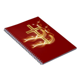 Caderno Espiral Elegant Radiant Golden Cross on Deep Red Notebook