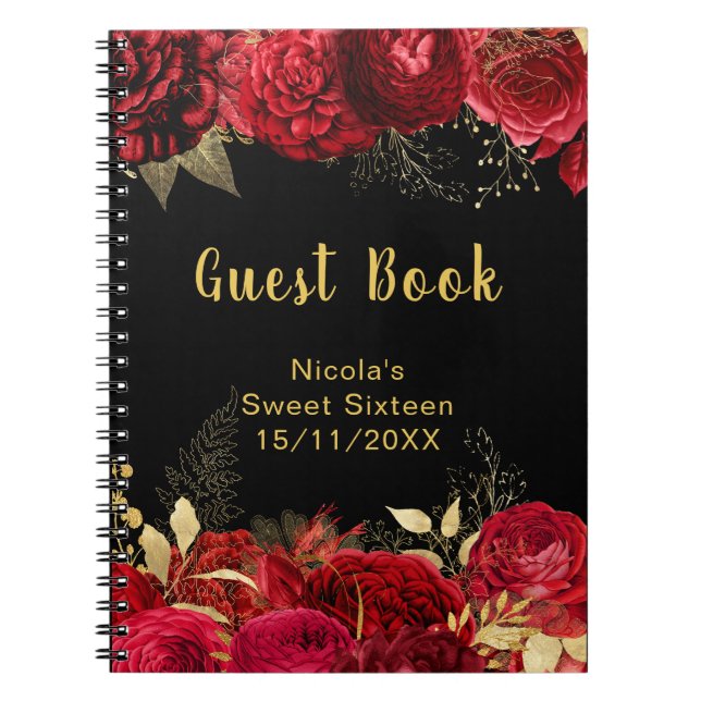 Caderno Espiral Elegant Red and Gold Flowers Sweet Sixteen (Frente)