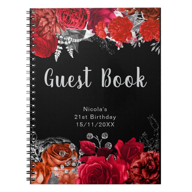 Caderno Espiral Elegant Red and Silver Flowers Birthday Guest Book (Frente)