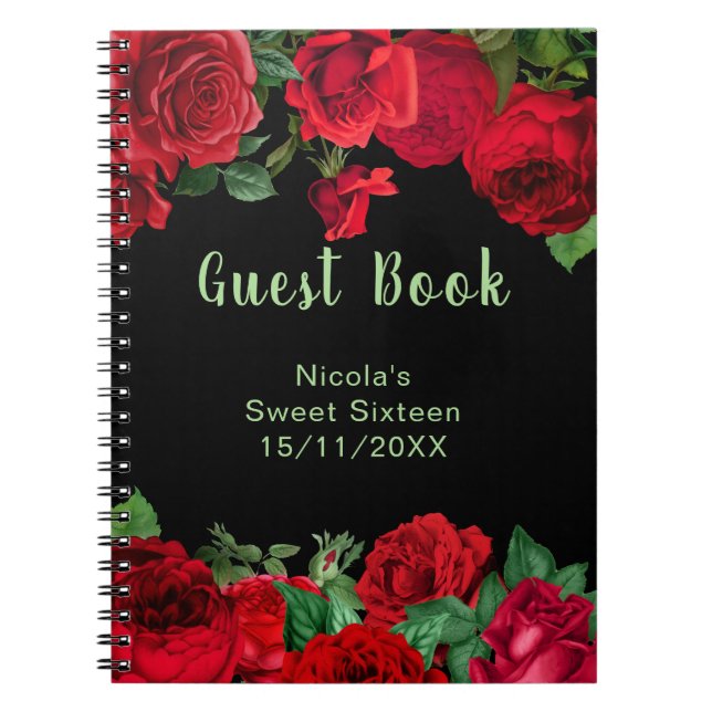Caderno Espiral Elegant Red Roses Flowers Sweet Sixteen Guest Book (Frente)