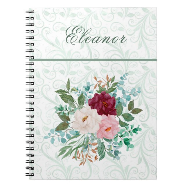 Caderno Espiral Elegant Roses & Mint Personalized (Frente)