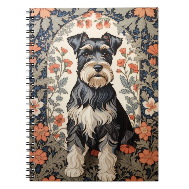 Caderno Espiral Elegant Schnauzer William Morris Inspired Floral (Frente)
