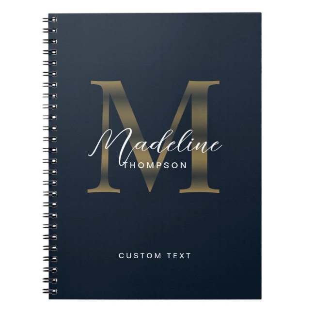 Caderno Espiral Elegant Script Metallic Navy Blue Gold Monogram (Frente)