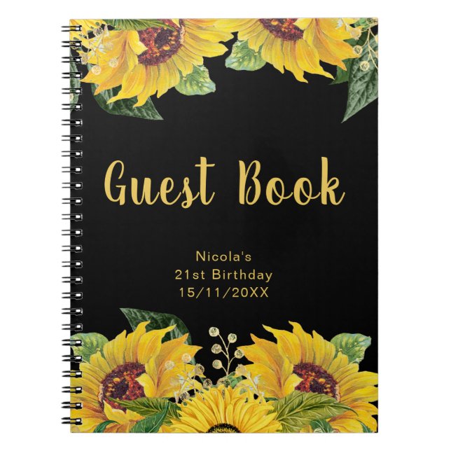 Caderno Espiral Elegant Sunflowers and Foliage Birthday Guest Book (Frente)