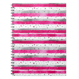 Caderno Espiral Elegant Valentine Pink Silver Hearts on Striped