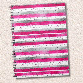 Caderno Espiral Elegant Valentine Pink Silver Hearts on Striped