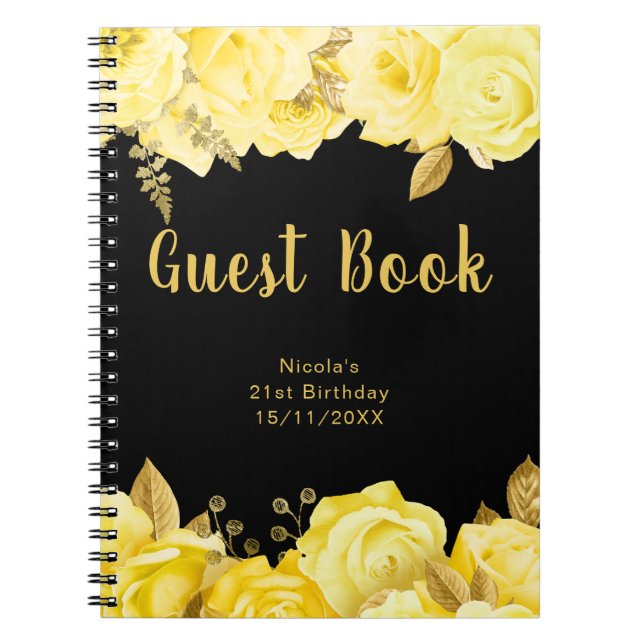 Caderno Espiral Elegant Yellow and Gold Flower Birthday Guest Book (Frente)