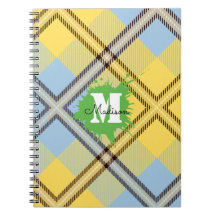 Elegante Amarelo Azul Xadrez Tartan Monograma Scri