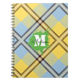 Caderno Espiral Elegante Amarelo Azul Xadrez Tartan Monograma Scri