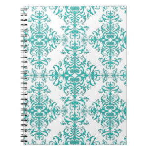 Caderno Espiral Elegante Aqua Turquesa sobre Padrão Damask Branco