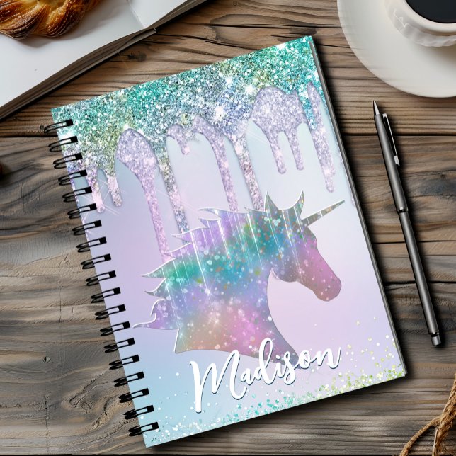 Caderno Espiral Elegante aqua Unicorn Glitter Drives monograma (Criador carregado)