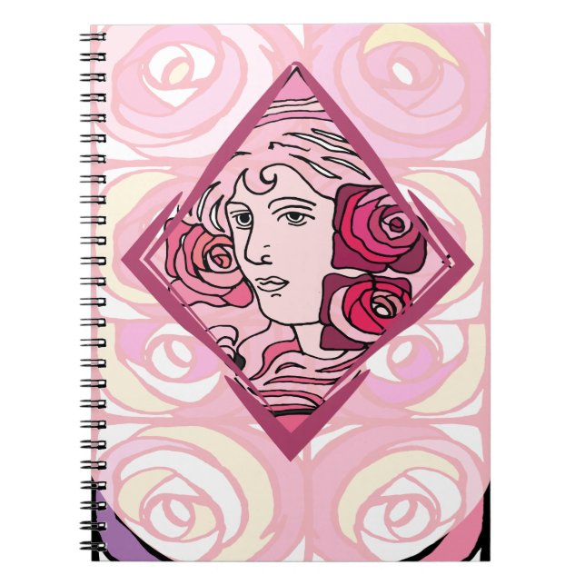Caderno Espiral Elegante Art Nouveau Rosa Mulher (Frente)